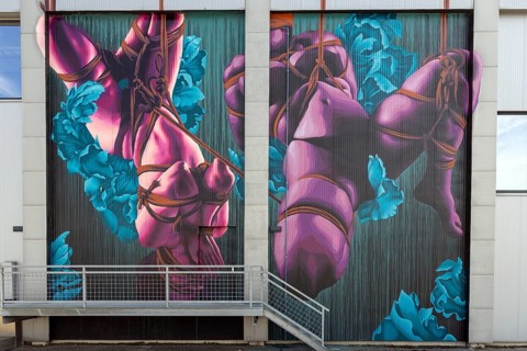 Mural with Shibari theme and bright turquoise and pink colours, at the port of Linz Upper Austria