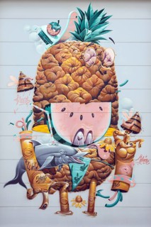 Humorous depiction of a pineapple with anthropomorphic features, at the port of Linz Upper Austria