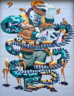 A man holding a hat, surrounded by pixelated snakes, at the harbour of Linz Upper Austria Austria