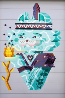 Illustration of a stylised cat decorated with a headdress and feather, at the port of Linz, Upper
