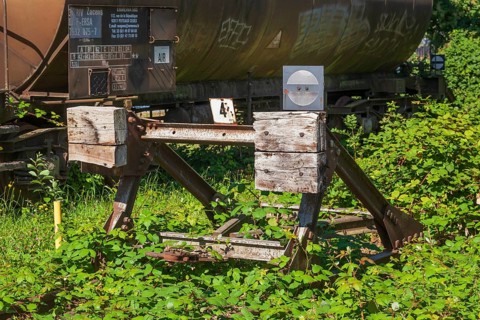 Old railway buffer in the harbour, Hamelin, Lower Saxony, Germany