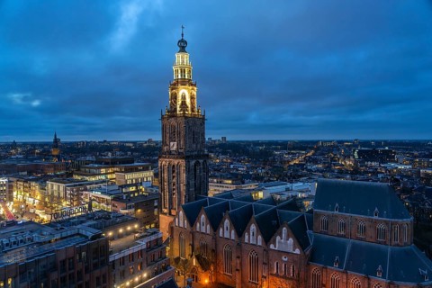 The church tower Martinitoren or Martinitower of the Martinikerk or Martinikirche seen from above