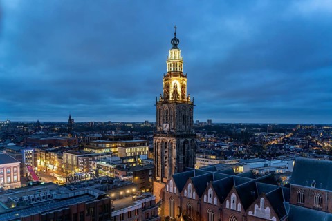 The church tower Martinitoren or Martinitower of the Martinikerk or Martinikirche seen from above