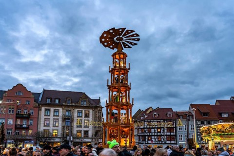 Christmas pyramid at the Christmas market on the cathedral square in the old town centre of Erfurt