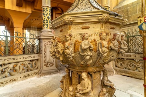 Baptismal font in St Mary's Cathedral in Erfurt, Thuringia, Germany