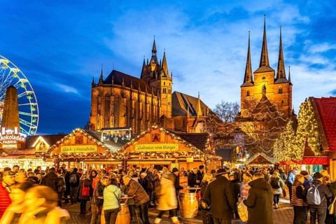Christmas market in front of Erfurt Cathedral and the Severi Church on Cathedral Square in the