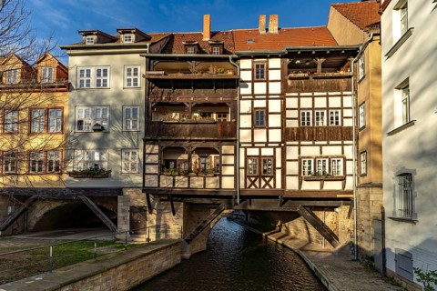 The half-timbered medieval Krämerbrücke bridge over the River Gera in Erfurt, Thuringia, Germany