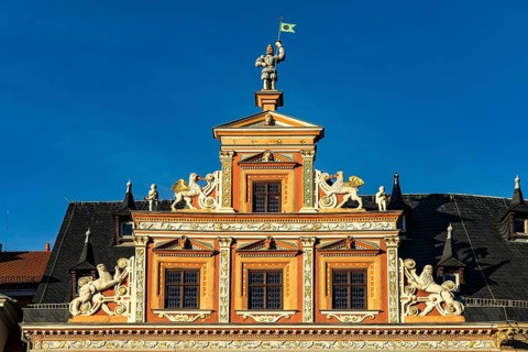 Gable of the Haus zum Breiten Herd at the fish market in Erfurt, Thuringia, Germany