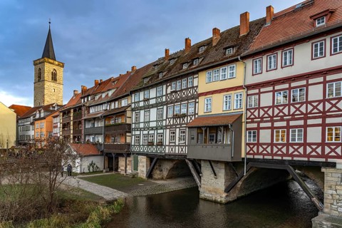 The half-timbered medieval Krämerbrücke bridge over the River Gera in Erfurt, Thuringia, Germany