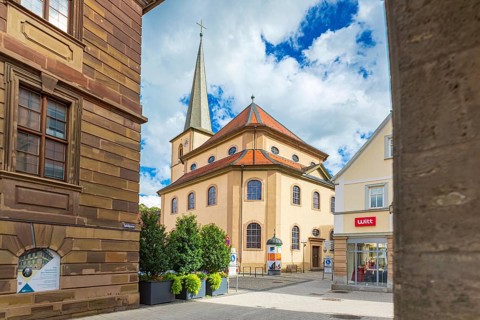 St James' Church on the town hall square in Bad Kissingen, Bavaria, Germany