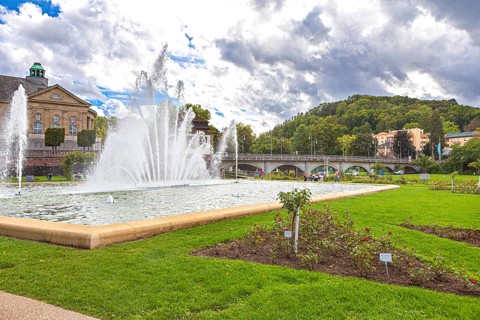 Multimedia fountain in the rose garden in Bad Kissingen, Bavaria, Germany