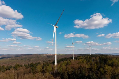 Natural landscape with wind turbines and soft clouds, maintenance work, repair, near Schorndorf im