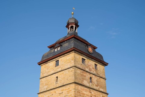 Old town tower, detail, cut-out, Bad Staffelstein, Upper Franconia, Franconia, Bavaria, Germany