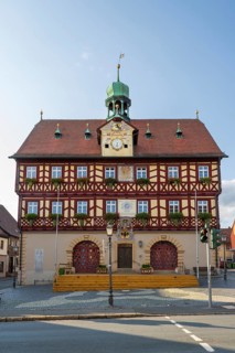 Town hall, half-timbered construction, old town centre, Bad Staffelstein, Upper Franconia,