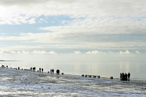 North Sea coast, view to the beach promenade of Norddeich, Wadden Sea with rising water and calm