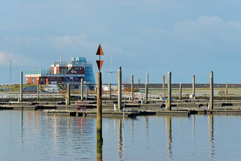 View of a navigation sign, danger spot in the marina of Norddeich, North Sea, Lower Saxony, Germany