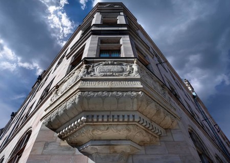 Artfully designed bay window of the Social Court, designed in 1899 in the neo-Renaissance style