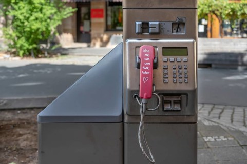 Handset and dialling keypad of a Telekom public telephone pillar, detail, Nuremberg, Central