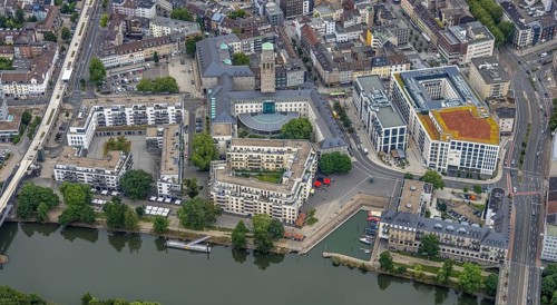Aerial view, Ruhrbania, city centre of Mülheim, a week ago the Ruhr was flooded, course of the