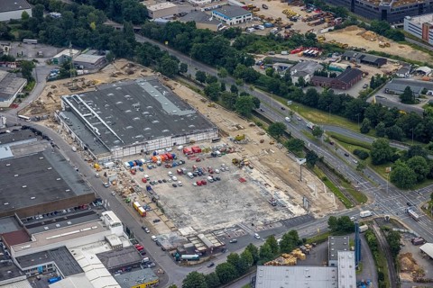 Aerial view, new construction of the burnt down Netto, Speldorf, Mülheim an der Ruhr, Ruhr area,