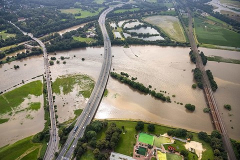 Aerial photo, Ruhr flood, flooding, Styrum - South, Mülheim an der Ruhr, Ruhr area, North