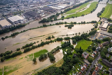 Aerial photograph, Ruhr floods, floods at the Styrum waterworks, Styrum - South, Mülheim an der