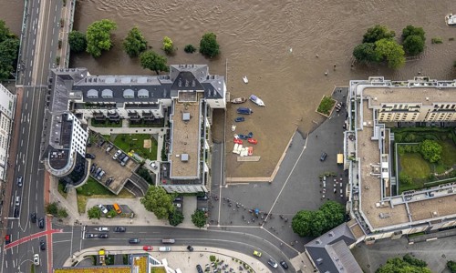 Aerial photo, Ruhr flood, flooding, Ruhrbania with flooding in the old town I, Mülheim an der Ruhr,