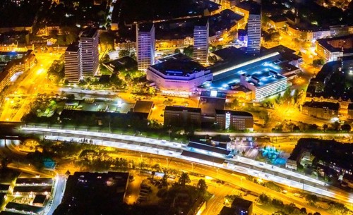 Aerial photo, Mülheim an der Ruhr main station, Technical Town Hall and Forum City Mülheim shopping