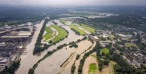 Aerial photograph, Ruhr floods, floods at the Styrum waterworks, Styrum - South, Mülheim an der