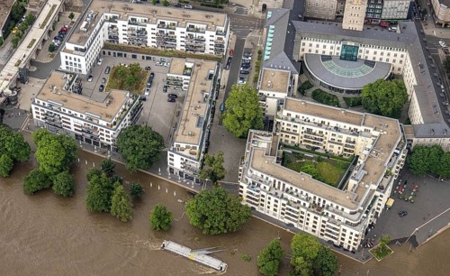 Aerial photo, Ruhr flood, flooding, Ruhrbania with flooding in the old town I, Mülheim an der Ruhr,