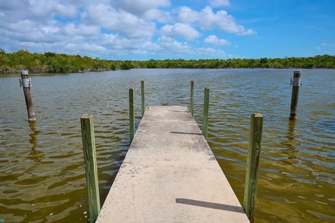 A concrete footbridge leads into the water, surrounded by tranquil nature and cloudy skies, West