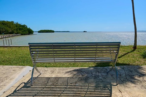 Metal bench with view of the sea and island, surrounded by palm trees, Flamingo, Everglades