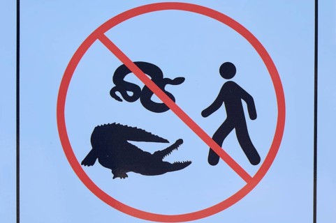 Prohibition sign with images of a snake, a crocodile and a person, Flamingo, Marina, Everglades