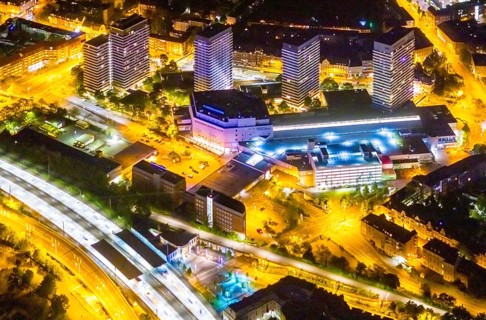 Aerial view, Mülheim an der Ruhr main station, Technical Town Hall and Forum City Mülheim shopping