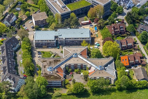 Aerial view, construction site and new building at evang. Wohnstift Raadt, Holthausen - Südost,