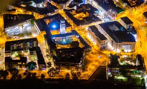Aerial view, historic town hall, Altstadt I, Ruhrbania, Mülheim an der Ruhr, Ruhr area, North