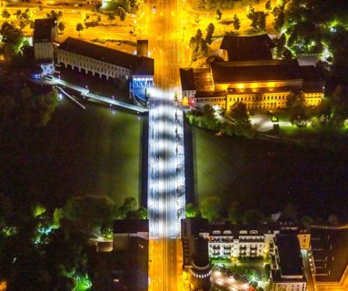 Aerial view, castle bridge over the river Ruhr, civic hall Mülheim, RWW Rheinisch-Westfälische