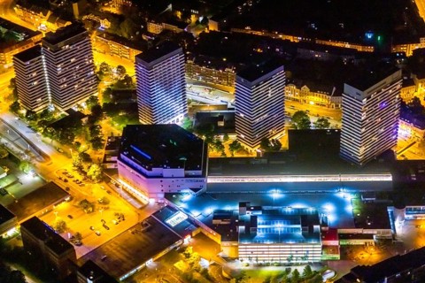 Aerial view, Technical Town Hall and Forum City Mülheim shopping centre Hans-Böckler-Platz,