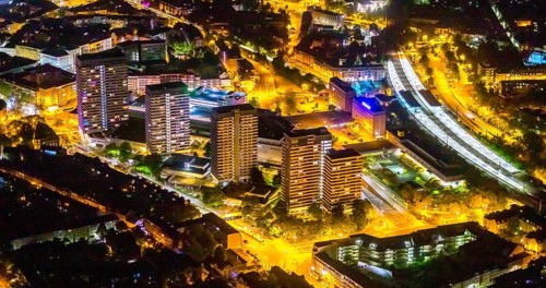 Aerial view, Mülheim an der Ruhr main station, Technical Town Hall and Forum City Mülheim shopping