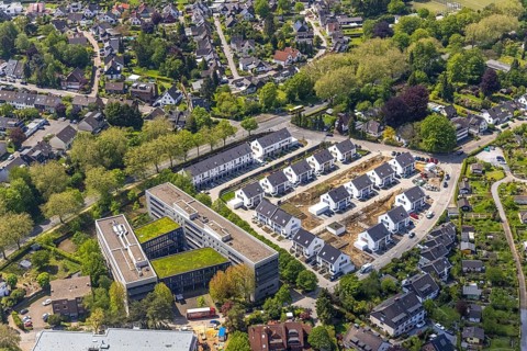 Aerial view, airport housing estate, construction site and new building housing estate