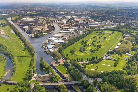 Aerial view, Raffelberg racecourse with golf course inside, Raffelberg lock, Raffelberg