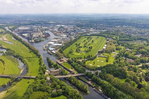 Aerial view, Raffelberg racecourse with golf course inside, Raffelberg lock, Raffelberg