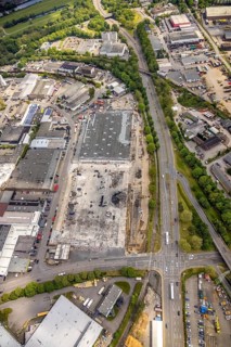 Aerial view, construction site harbour centre after real market fire, industrial area at Weseler