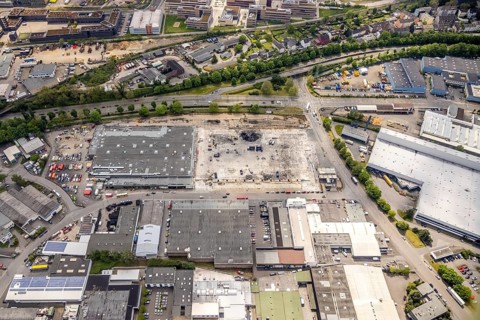 Aerial view, construction site harbour centre after real market fire, industrial area at Weseler