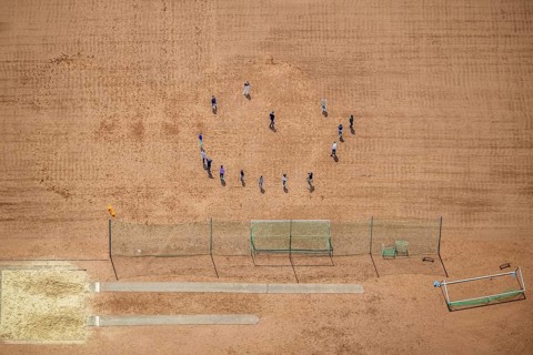 Aerial view, teenagers on sports field of Broich secondary school, Broich - Ost, Mülheim an der