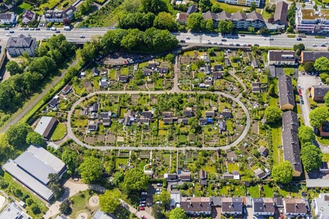 Aerial view, allotment garden site KGV Stollenhof, Saarner Straße, Speldorf, Mülheim an der Ruhr,