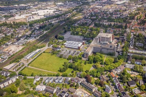 Aerial view, Tengelmann site, Mülheim vaccination centre, event hall The Terracotta Army and Body