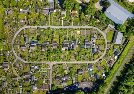 Aerial view, allotment garden site KGV Stollenhof, Saarner Straße, Speldorf, Mülheim an der Ruhr,