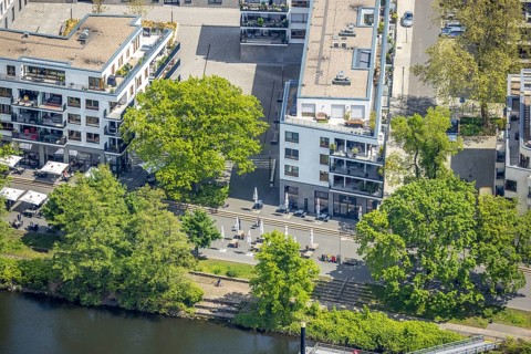 Aerial view, Ruhrpromenade Mülheim, outdoor catering, Altstadt I, Mülheim an der Ruhr, Ruhr area,