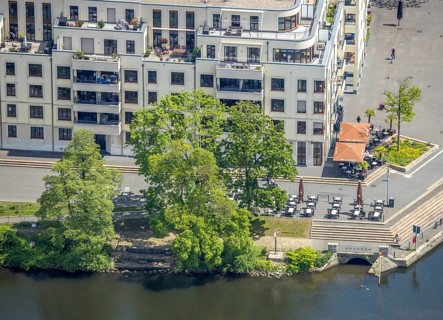 Aerial view, Ruhrpromenade Mülheim, outdoor catering, Altstadt I, Mülheim an der Ruhr, Ruhr area,